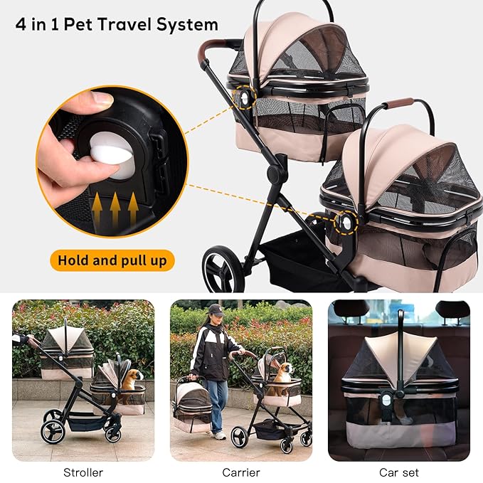 Foldable Double Pet Stroller for 2 Small Medium Cats Dogs, Lightweight Single and Double Integrated Pet Stroller with Detachable Carriers
