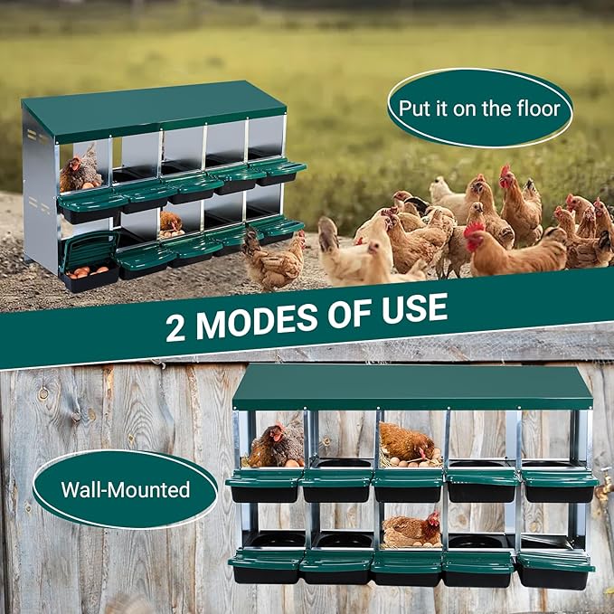 Nesting Boxes for Chickens, Chickens Laying Boxes for Chicken Coop, 10 Compartments Chicken Nesting Boxes, with Removable Tray, Easy Cleaning, for Hens Outdoor Chicken Coop Farm Yard, Green