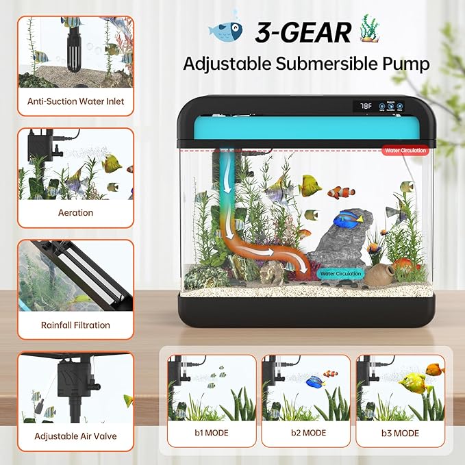 Fish Tank Aquarium 6.3 Gallon Fish Bowl with Music Humidifier 7 Color Auto-Looping Light Adjustable Quiet Pump, Temperature Display, Bottom Water Changer, HD Float Glass, Leak-Proof Thickened Base