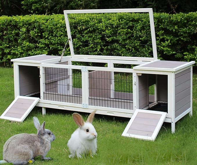 Rabbit Hutch Indoor Leakproof Bunny Cage Fir WoodenOutdoor Bunny House with Wire Floor Leakproof Plastic Tray (Grey)