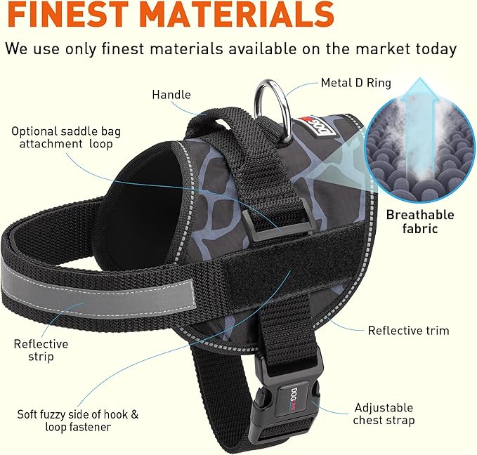 Dogline Dog Harness, Reflective No-Pull Adjustable Vest with Handle for Walking, Training, Breathable, No - Choke Harness for Small, Medium or Large Dogs Room for Patches Girraffe Grey M 22"-28"