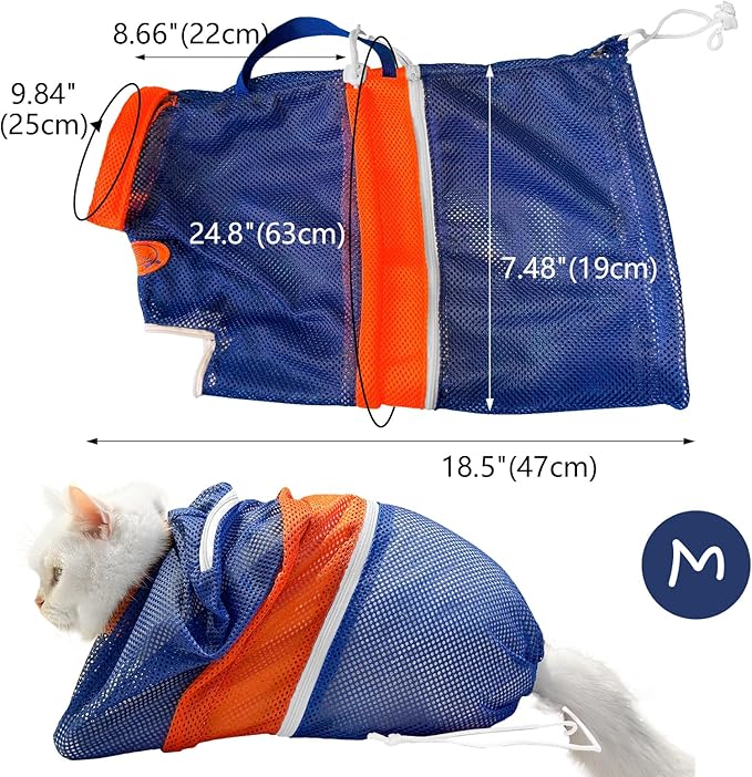 Cinf Cat Bathing Bag, Breathable Mesh Anti Scratch Adjustable Cat Grooming Bag for Nail Trimming, Bathing Soft Cat Washing Bag(Orange Blue) M