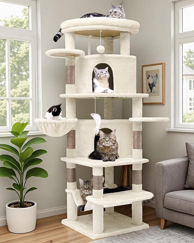 Globlazer Corner Cat Tree Tower for Large Cat, 66inch Tall Large Cat Tree Condo for Multiple Indoor Cats with 6 Scratching Posts, 2 Spacious Cat Condos, Soft Hammock, Hanging Basket, C66, Light Beige