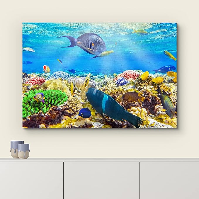 wall26 Canvas Print Wall Art Sunlight Ocean Sea Coral Reef Anemone Fish Nature Animals Photography Realism Rustic Scenic Landscape Wilderness Earth for Living Room, Bedroom, Office - 32"x48"