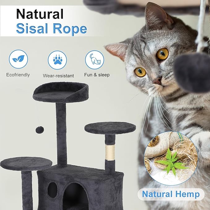 FDW Cat Tree Tower 62in Multi-Level Durable Cat Scratching Post & Cozy Fun Jumping Platform Space Saving Condo Pet Play House for Indoor Cats,Dark Gray