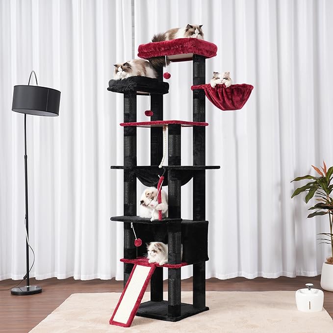 Heybly Tall Cat Tree, 78-inch Multi-Level Cat Tower for Indoor Cats, 2 Widened Plush Perches Cat Condo with Scratching Board and Big Caves, Black and Red HCT033BR