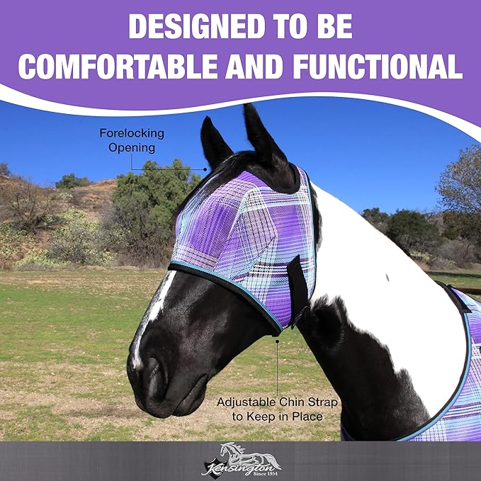 Kensington Fly Mask Web Trim Protects Horses Face and Eyes from Bites and Sun Rays While Allowing Full Visibility Ears and Forelock Able to Come Through The Mask, Small, Lavender Mint