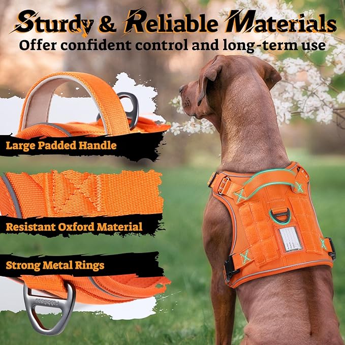 rabbitgoo Dog Harness for Large Dogs No Pull, Tactical Service Pet Vest with Molle and Control Handle, Adjustable and Reflective Military Harness for Easy Walking and Training, Orange, L