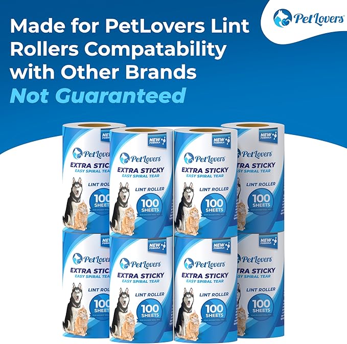 PetLovers Extra Sticky Lint Roller Mega Value Set for Pet Hair Removal, Dog and Cat Lint Remover (8 Pack Refills)