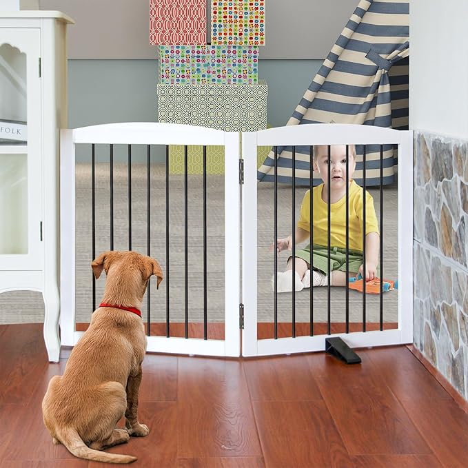 Freestanding Panel Gate for Indoor Doorways, Stairs, or Hallways, Foldable Wooden Gate for Dogs, Support Feet Included, 24" Height - 2 Panels, White