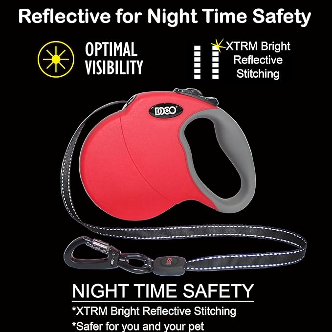 DOCO Retractable Dog Leash for Large Dogs (Length - 16’, Weight - Upto 45lb) Reflective Tape Lead with Stop and Lock Control, Tangle Free 360° Swivel Snap & Anti-Slip Grip (Blue, Medium)