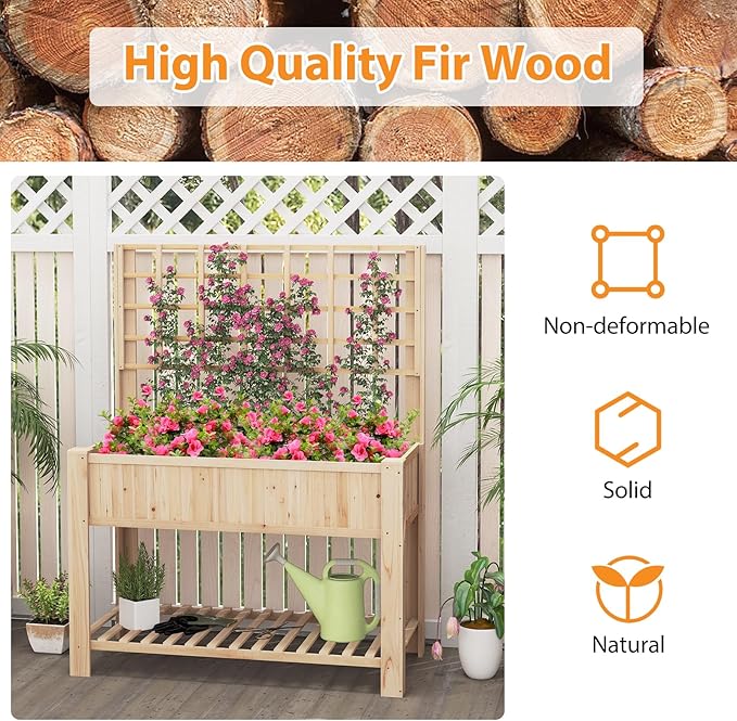 Giantex Raised Garden Bed with Trellis, Wooden Elevated Planter Box with Legs, Drainage Holes for Climbing Plants Vines Vegetables Flowers Herbs, Outdoor Horticulture Planter for Patio Yard