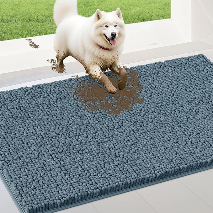 IM HOME 48" x 38" Dusty Blue Dog Door Mats for Muddy Paws, Chenille Absorbent Dog Mat, Non Slip Heavy Mud Mat for Dogs, Soft Pet Bed Mat for Entryway, Mud Paws, Inside Floor
