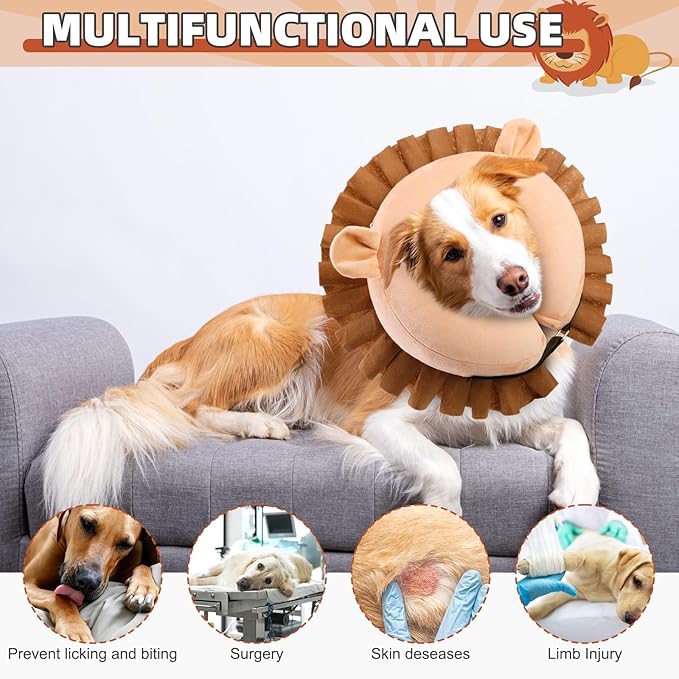 KOOLTAIL Inflatable Dog Cone Collar, Soft Dog Cone Alternative for Large Medium Small Dogs After Surgery, Adjustable Donut Neck Cone for Dogs Cats, Recovery E Collar with Enhanced Anti-Licking,Lion XL