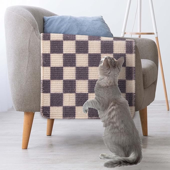 Sisal Cat Scratcher, [+ Catnip Fish Toy], Cat Wall Scratcher, Couch Protector from Cat Scratching, 24 X 15.8 with 12 Adhesive Velcro Stripes. (Checkered)