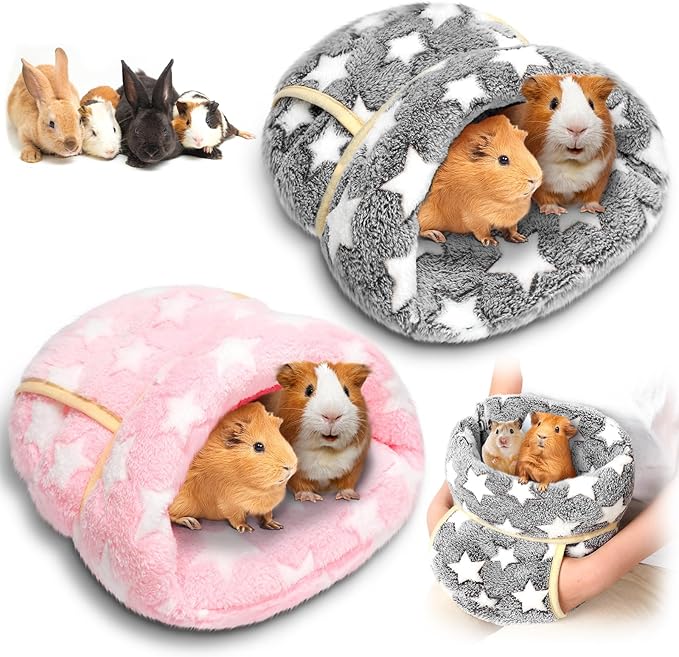 Wenqik 2 Pcs Guinea Pig Bed Cuddle Warm Hideout Small Animal Sack Cozy House Bedding Sleeping Cushion Portable Pet Carrier Cage Nest for Rabbit Hamster Rat (Gray, Light Pink,Pentagram)