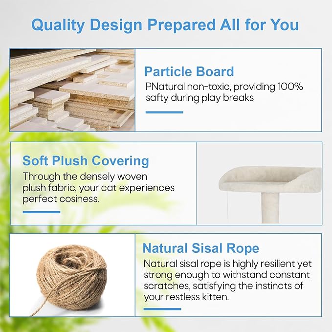 FDW Cat Tree Tower 62in Multi-Level Durable Cat Scratching Post & Cozy Fun Jumping Platform Space Saving Condo Pet Play House for Indoor Cats, Beige