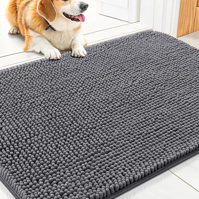 Smiry Dog Door Mat for Muddy Paws 30x20, Absorbs Moisture and Dirt Doormat, Non-Slip Washable Quick Dry Chenille Front Door Mat Indoor Entrance, Entryway Carpet for Inside Floor, Dark Grey
