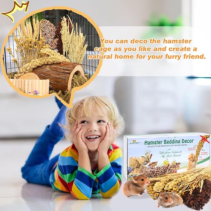 Natural Hamster Bedding, Hamster Herbs Flowers for Hamster Cage Enclosure Habitat Decor Hamster Sprays for Dwarf Syrian Guinea Hamsters Gerbil Degus or Other Small Animals（Grain Version）