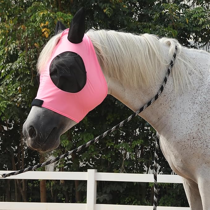 Horse Fly Mask with Ears - Large Eye Space for Full Vision, Breathable Stretch Comfort Fit, UV Protection, Forelock Opening, Easy Pull-On Pink Pony