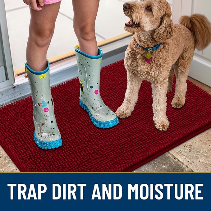 Smiry Dog Door Mat for Muddy Paws 30x20, Absorbs Moisture and Dirt Doormat, Non-Slip Washable Quick Dry Chenille Front Door Mat Indoor Entrance, Entryway Carpet for Inside Floor, Red