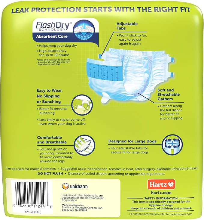 New! Hartz® Comfitables® Disposable Dog Diapers, Size XL 5 count, Comfortable & Secure Fit, Easy to Put On, Super Absorbent Male and Female Diaper