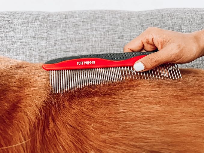 Tuff Pupper Dog Grooming Comb Set | Easily & Safely Remove Dead, Matted Knotted Hair | Ergonomic Pet Detangling Combs | No-Slip Safety Handle For Precision Control | Rounded Tips Prevent Scratching