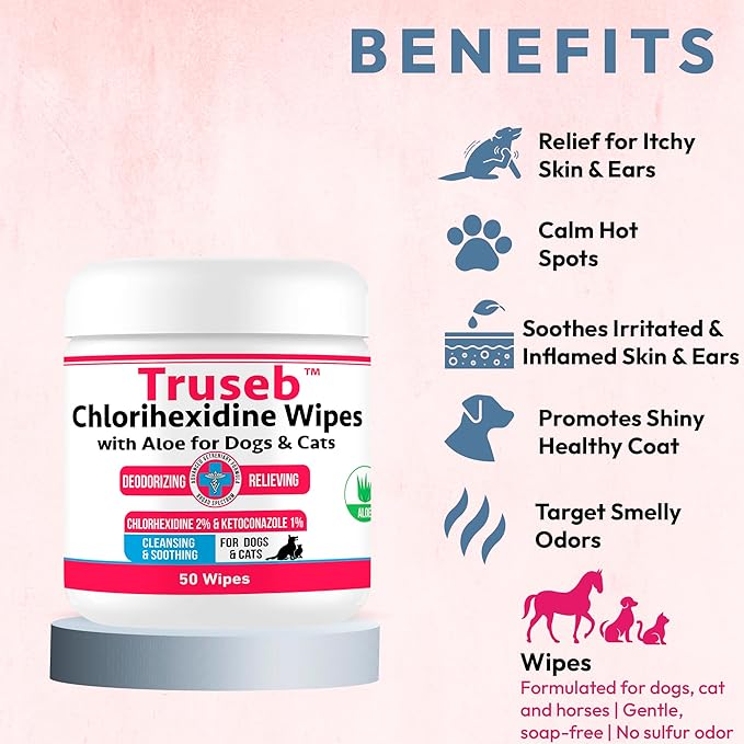 Truseb Topical for Dogs, Cats and Horses - with Aloe for Cleansing (Ketoconazole & Chlorhexidine Wipes, 100 Count)