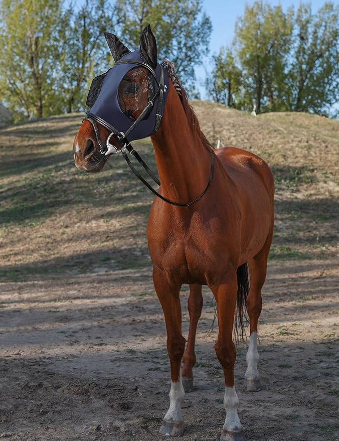 Horse Fly Mask with Ears, UV Protection Mask for Horses, Elasticity Mask with Big Mesh Eye Covers, Snug Fitting Comfortable Breathable Lightweight Navy Full Size