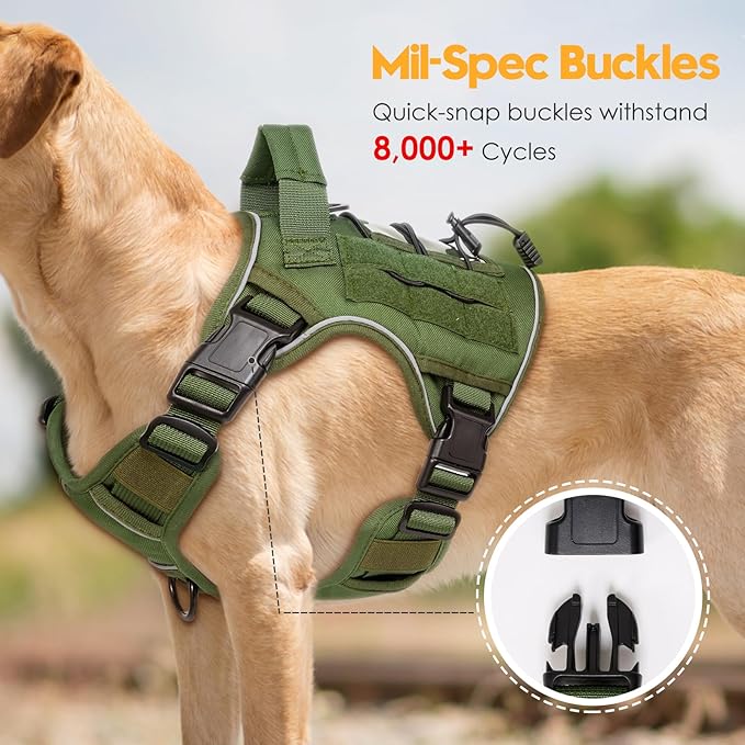 Heavy-Duty Tactical Dog Harness for Large Dogs, No Pull Adjustable Reflective Pet Vest with Molle System, K9 Military-Grade Control for Service Training, Outdoor & 10+ Breeds, Green, Small