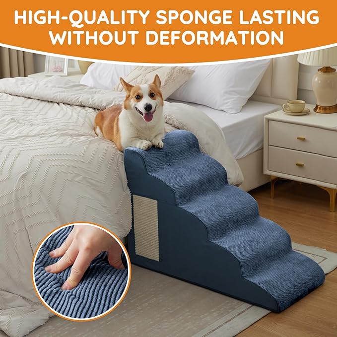 Navy Portable Pet Steps - 4-Step Dog & Cat Ramp for Bed, Couch, Sofa & Chairs - Non-Slip, High Density Foam