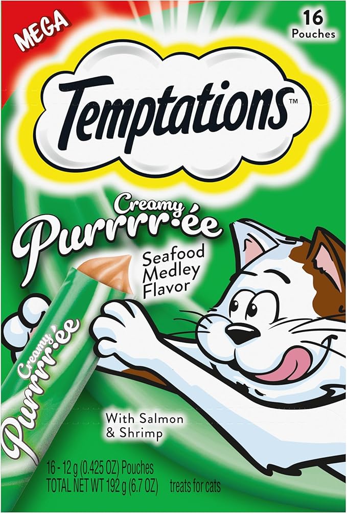 Temptations Creamy Puree Mix-Ups Squeezable Lickable Wet Cat Treats, Seafood Medley Flavor, 0.42 oz. Tubes, 16 Count