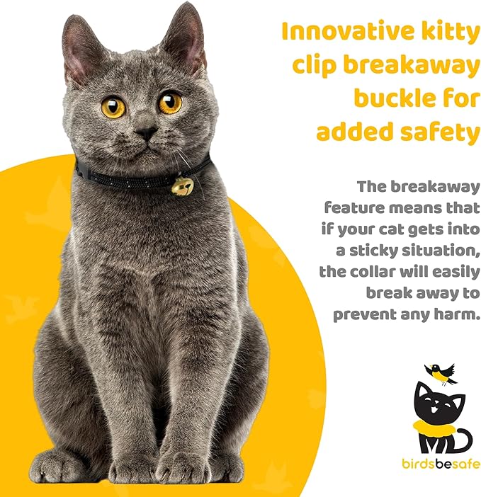 BirdsBeSafe® Break Away Cat Collar with Bell, Reflective Thread for Night Visibility, Comfortable Elastic Stretch Cat Collar to Protect Cat from Getting Stuck in The Garden.