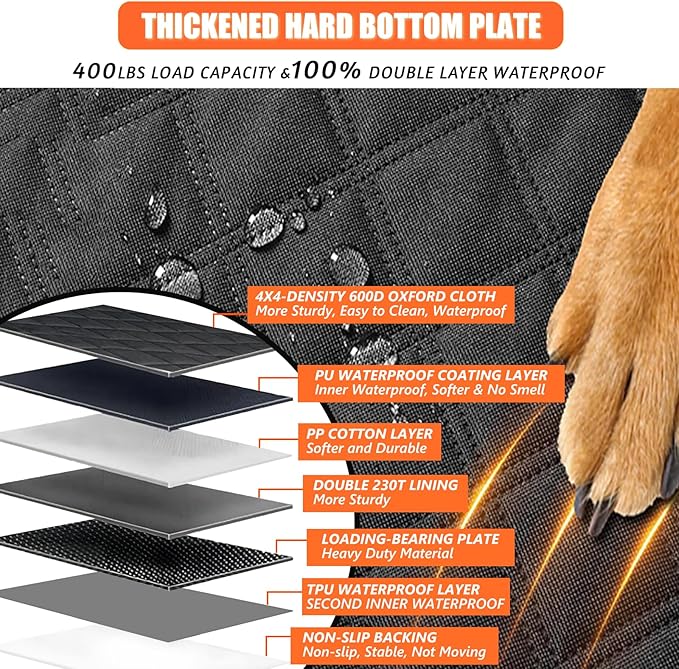 Back Seat Extender for Dogs Hard Bottom, Upgraded 7-Layer PU Leather Dog Car Seat Cover with Support 400lbs, Waterproof Dog Hammock Bed Backseat, Anti-Scratch Pet Seat Extender for Car, SUV, Truck