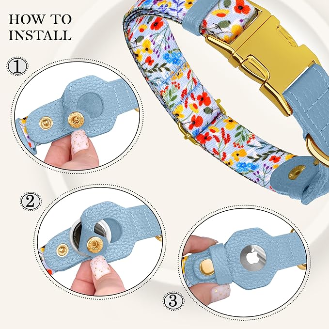 AirTag Dog Collar for Small Medium Large Breed - Adjustable Cute Pattern Dog Collar with Airtag Holder - Soft Leather Tracker GPS Apple Air Tag Pet Collars (X-Large, 20"-25" Neck Fit, Floral)
