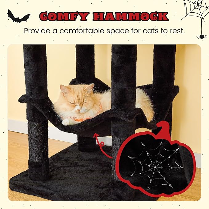 MWPO Gothic Cat Tree for Indoor Cats, 63.8 Inches Multi-Level Cat Tower with Sisal-Covered Scratching Posts, Padded Platform, Hammock, Dangling Toys, Stable Cat Condo Pet Play House, Black