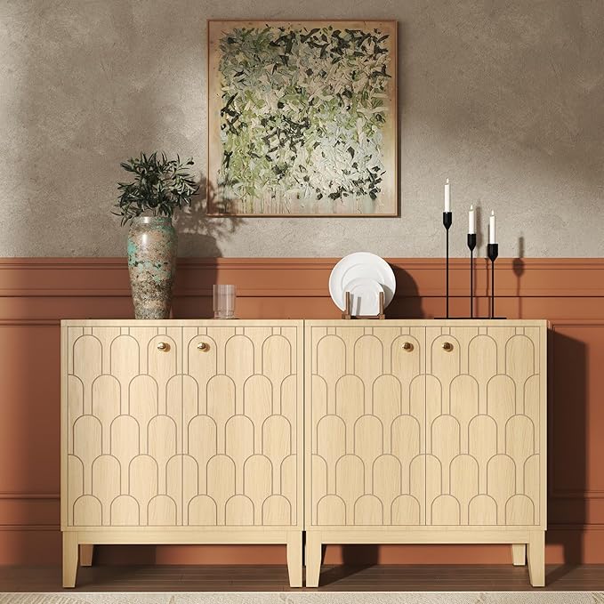 Farmhouse Storage Cabinet, Modern Buffet Sideboard with Doors, Fish Scale Pattern, Boho Cabinet for Dining Room, Natural, 2 Pieces