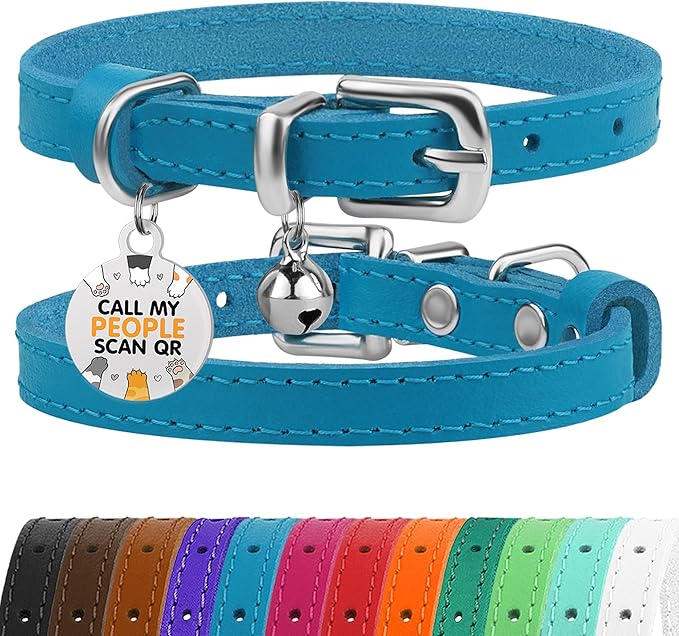 BRONZEDOG Leather Cat Collar with Removable Bells Non Breakaway Kitten QR Tag for Girl Boy (9" - 12" Cats/Mini Dogs, Blue & Silver)