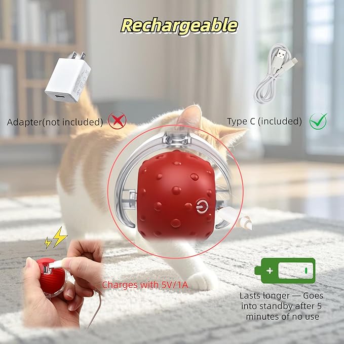 Interactive Cat Toy Ball – Automatic Electric Rolling Ball with Chirping Bird Sounds, Motion-Activated Indoor Toy for Kittens and Cats, Fun Exercise Play (Red)