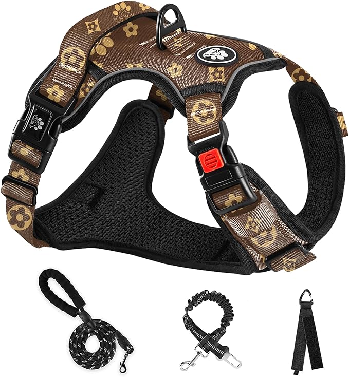 NESTROAD No Pull Dog Harness,Adjustable Oxford Dog Vest Harness with Leash,Reflective No-Choke Pet Harness with Easy Control Soft Handle for Medium Dogs(Medium,Dark Brown)