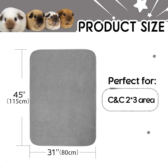 Guinea Pig Cage Liner, 2 Pack - Washable, Reusable, Leakproof Fleece Bedding Pads for Small Animals with Anti-Slip Bottom - for C&C 2X3 Area, Gray
