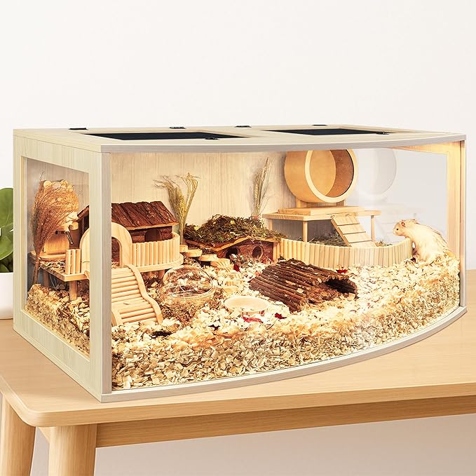 Prolee Hamster Cage Chew Proof Wood, Hamsters Enclosure Openable Top with Curved Design,Waterproof Small Animals Cage with Acrylic Sheets for Gerbils,Hamster Habitat(32 Inches)