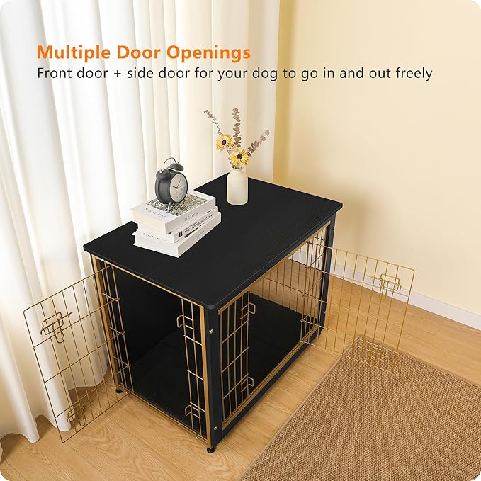 DWANTON Dog Crate Furniture with Cushion, Wooden Kennel Table with Double Doors, Indoor Dog House, Medium Size, 32.5" L, Black+Gold