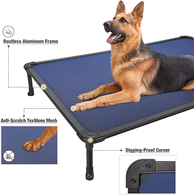 Veehoo Chew Proof Elevated Dog Bed - Cooling Raised Pet Cot - Rustless Aluminum Frame and Durable Textilene Mesh, Unique Designed No-Slip Feet for Indoor or Outdoor Use, Blue, XX-Large, CWC2002