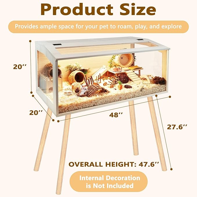 Prolee Hamster Cage Wooden Chew Proof, Extra Large Mice and Rat Habitat Openable Top with Acrylic Sheets Solid Built Small Animal Cage with Leg Stands, 48 Inch Long
