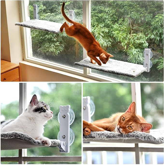 pettycare Cat Window Perch, Cordless Cat Window Hammock Bed with 4 Strong Suction Cups, Foldable Kitten Balcony Seat for Inside Hold Up to 40lbs, Solid Metal Frame and Soft Reversible 2 Fabrics Cover