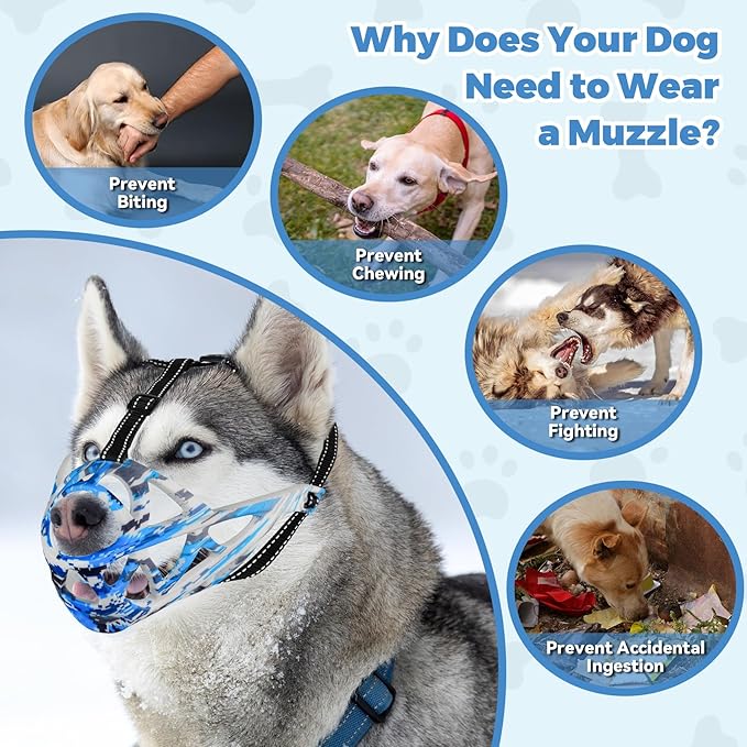 Dog Muzzle for Large Dogs, Breathable Basket Muzzles for Small, Medium and X-Large Aggressive Dog, Allows Panting Drinking, Suitable for Grooming Trimming Training (Camouflage Blue, XL)