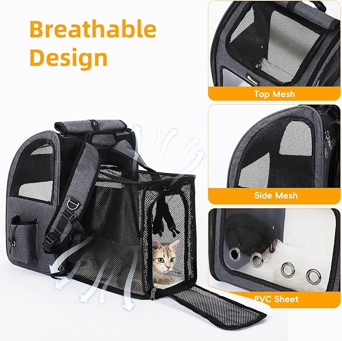 Hoopet Expandable Cat Backpack Carrier – Breathable Pet Carrier for Small Cats & Dogs, Foldable Travel Backpack with Mesh Ventilation for Hiking, Walking, Camping, Dark Grey