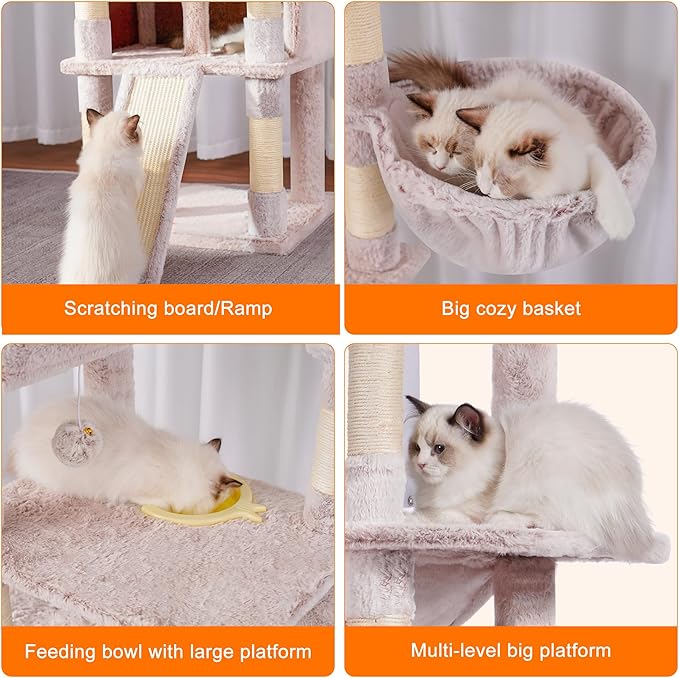 Heybly Tall Cat Tree, 78-inch Multi-Level Cat Tower for Indoor Cats, 2 Widened Plush Perches Cat Condo with Scratching Board and Big Caves, Muchroom HCT033MU