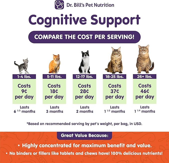 Dr. Bill's Feline Cognitive Support | Memory Support Supplement for Cats | Pet Supplement | Contains Gingko Biloba, L-Carnosine, Vitamin B-12, L-Glutamine, L-Tyrosine, and DHA